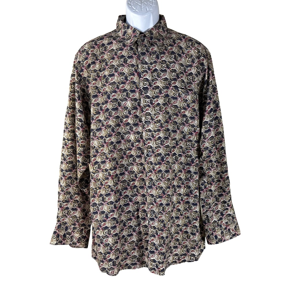 Murano Button Down Shirt Mens Large Tan Silk Geometric Medallion Long‎ Sleeve